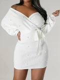 Beaded Bodycon Dress, Casual Long Sleeve Solid Off Shoulder Dress, Women's Clothing