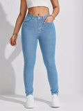 Stylish High-Waist Ankle-Length Dark Blue Skinny Jeans - Soft Stretch Denim, Comfortable Fit, Flattering Silhouette, Autumn Essential - Women's Basic Style Pants