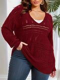 Chic Plus Size V-Neck Sweater – Breathable Hollow Out Design with Long Sleeves – Versatile Sheer Pullover for Everyday Wear