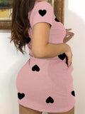 Heart Print Crew Neck With Pocket Dress, YOUNG Short Sleeve Dress For Spring & Summer, Women's Clothing