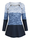 Plaid & Stripe Print Colorblock T-Shirt, Casual Long Sleeve Crew Neck Top For Spring & Fall, Women's Clothing