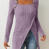 Purpdrank Chic Ribbed Long Sleeve Top with Unique Button Accent - Asymmetrical Hem - Perfect for Womens Spring & Fall Fashion