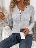 Vibrant Ribbed Button Front Long Sleeve V Neck T-Shirt - Soft Casual Wear for Spring & Fall - Women's Comfortable Clothing for Everyday Life