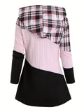 Womens Color Block Plaid Print Hoodie with Drawstring - Stylish Casual Sweatshirt for Everyday Comfort - Trendy Long Sleeve Design