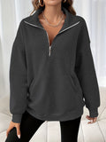 Purpdrank Zipper Slant Pockets Pullover Sweatshirt, Casual Long Sleeve Crew Neck Sweatshirt For Fall & Winter, Women's Clothing