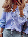 Purpdrank - Puff Sleeves Falbala Solid Color V-Neck Blouses
