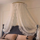 Purpdrank  White Lace Bed Canopy, Dreamy and Romantic Bedroom Decor with Metallic Leaf Crown Stand, Exquisite Bridal Chamber Decoration for Brides