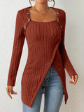 Purpdrank Chic Ribbed Long Sleeve Top with Unique Button Accent - Asymmetrical Hem - Perfect for Womens Spring & Fall Fashion