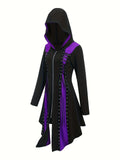 Vintage-Inspired Peplum Hooded Dress - Color Block, Micro Elasticity, Long Sleeve, Polyester, Solid Color, No Printing, Spring/Fall Wear - Womens Gothic Bandage Dress for Adult