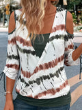 2-In-1 Stylish Tie Dye Print Drawstring T-Shirt Top - Relaxed Fit, Casual Cold Shoulder, 3/4 Sleeve, Soft Fabric, Perfect for Spring & Fall Season, Women's Fashion Clothing