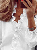 Purpdrank - Puff Sleeves Falbala Solid Color V-Neck Blouses