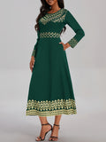 Vintage Chic Long Sleeve Elegant Dress - Women's Crew Neck Dresses for Spring and Fall - Comfortable, Classic, and Versatile Clothing for Everyday Wear