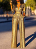Purpdrank - High Waisted Three-Quarter Sleeves Shiny Solid Color Deep V-Neck Jumpsuits Bottoms
