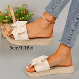 Purpdrank Women's Solid Color Elegant Sandals, Bowknot Decor Slip On Platform Vacation Slides, Comfort Beach Slides