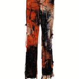 Purpdrank Trendy Tie Dye Flare Leg Pants - High Waist Skinny Tassel Mesh Y2K Style - Perfect for Fall & Winter Chic Wardrobe