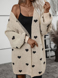 Cozy Heart Pattern Knitted Cardigan - Soft, Casual, Long Sleeve, Drop Shoulder, Open Front, Winter & Fall Essential - Womens Comfortable Clothing for Everyday Wear