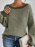Cozy Striped Off-Shoulder Sweater - Soft Polyester Blend, Round Neck, Stretchy Fabric, Long Sleeves, Regular Fit, H-Shape, No Lining, Perfect for All Seasons and Occasions