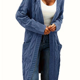 Purpdrank Plus Size Casual Cardigan, Women's Plus Solid Cable Long Sleeve Open Front Hooded Cardigan With Pockets