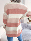 Casual Striped Colorblock Knit Cardigan, V-neck Cardigan With Pockets For Autumn & Winter, Women's Clothing