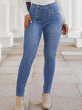 Purpdrank Button Fly Pintuck Skinny Jeans, Double-breasted Medium Stretch Vintage Style Denim Pants, Women's Denim Jeans & Clothing suit for autumn