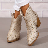 Women's Rhinestone Decor Ankle Boots, Pointed Toe Chunky Heeled Cowboy Boots, V-cut Pull On Boots for Music Festival