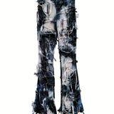 Purpdrank Trendy Tie Dye Flare Leg Pants - High Waist Skinny Tassel Mesh Y2K Style - Perfect for Fall & Winter Chic Wardrobe