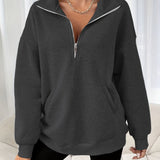 Purpdrank Zipper Slant Pockets Pullover Sweatshirt, Casual Long Sleeve Crew Neck Sweatshirt For Fall & Winter, Women's Clothing