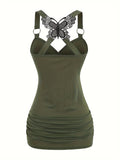 Purpdrank Solid Color Y2K Ruched Strap Tank Top - Fashionable Cold Shoulder Butterfly Lace - Versatile Spring & Summer Style for Womens Cute/Coquette Closet