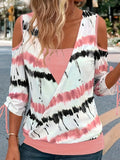 2-In-1 Stylish Tie Dye Print Drawstring T-Shirt Top - Relaxed Fit, Casual Cold Shoulder, 3/4 Sleeve, Soft Fabric, Perfect for Spring & Fall Season, Women's Fashion Clothing