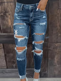 Ripped High Stretch Skinny Jeans, Whiskering Distressed Slash Pocket Denim Pants, Women's Denim Jeans & Clothing
