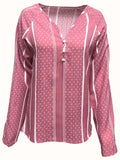 Spring/Fall Chic V-Neck Blouse: Women's Long Sleeve Casual Shirt with Trendy Polka Dot & Stripe Print, Non-Sheer & Easy-Care Fabric