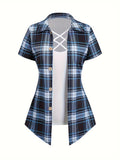 Stylish Plaid Pattern Top Set, Button Front Short Sleeve Shirt & Crisscross Strap Tank Top Outfits, Women's Clothing