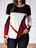 Color Block Crew Neck T-Shirt, Casual Long Sleeve T-Shirt For Spring & Fall, Women's Clothing