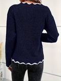 Contrast Trim V Neck Pullover Sweater, Casual Long Sleeve Knitted Sweater For Spring & Fall, Women's Clothing
