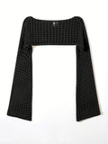 Vibrant Y2K Inspired Cropped Knit Sweater - Pullovers with Crew Neck, Flared Sleeves, and Chic Black Color for Summer - Women's Fashionable Clothing for Casual Occasions