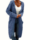 Purpdrank Plus Size Casual Cardigan, Women's Plus Solid Cable Long Sleeve Open Front Hooded Cardigan With Pockets