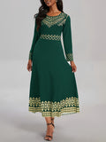 Vintage Chic Long Sleeve Elegant Dress - Women's Crew Neck Dresses for Spring and Fall - Comfortable, Classic, and Versatile Clothing for Everyday Wear