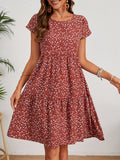 Floral Print Crew Neck Dress, Vintage Short Sleeve Dress For Spring & Summer, Women's Clothing