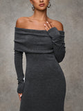 Elegant Off the Shoulder Knit Tunic Dress for Women, Polyester Blend, Solid Color, Strapless Design, for Spring/Fall