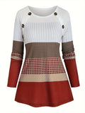 Plaid & Stripe Print Colorblock T-Shirt, Casual Long Sleeve Crew Neck Top For Spring & Fall, Women's Clothing