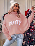 Merry Christmas Batwing Sweater - Pullovers with Elegant Turtle Neck, Long Sleeve, Fall and Winter Women's Clothing with Festive Pattern