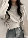 Women'S Elegant Solid Color Crew Neck Top with Button Detail, Polyester Blend (95% Polyester, 5% Elastane), Long Sleeve, Slight Stretch, Short Length, Spring/Fall Pullover Shirt