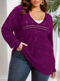 Chic Plus Size V-Neck Sweater – Breathable Hollow Out Design with Long Sleeves – Versatile Sheer Pullover for Everyday Wear