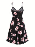 Elegant Women's Spring & Summer Floral Print Cami Dress, V-neck Ruched Sleeveless Aline Dress for Women