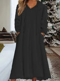 Cozy Plus Size Hooded Fleece Dress with Pockets - Long Sleeve, Drawstring Comfort for Everyday Wear