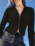 Cozy Long Sleeve Cardigan - Zip-up Front, Solid Color, Perfect for Spring & Fall, Womens Y2K Retro Style Casual Wear Clothing