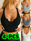 Purpdrank [4pcs Slimming Tank Tops for Women] 4pcs Sleek Ribbed Tank Tops for Women - Breathable, Slimming, No-Pad Sports & Yoga Vests with Unique Notch Neckline - Versatile Solid Color Activewear
