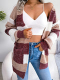 Cozy Striped Colorblock V-neck Cardigan - Super-soft Knit, Loose Fit, Dropped Shoulder - Trendy Womens Winter Wear for Casual Chic
