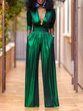 Purpdrank - High Waisted Three-Quarter Sleeves Shiny Solid Color Deep V-Neck Jumpsuits Bottoms