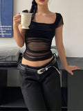 Solid Square Neck Tulle T-Shirt, Sexy Short Sleeve Slim Top For Spring & Summer, Women's Clothing